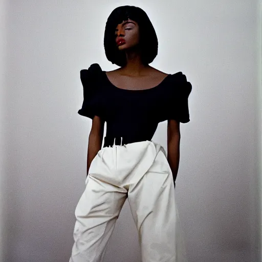 Prompt: realistic fashion photoshoot for a new balenciaga lookbook, color film photography, portrait of a beautiful woman in trendy clothes, in style of Nadine Ijewere, 35mm