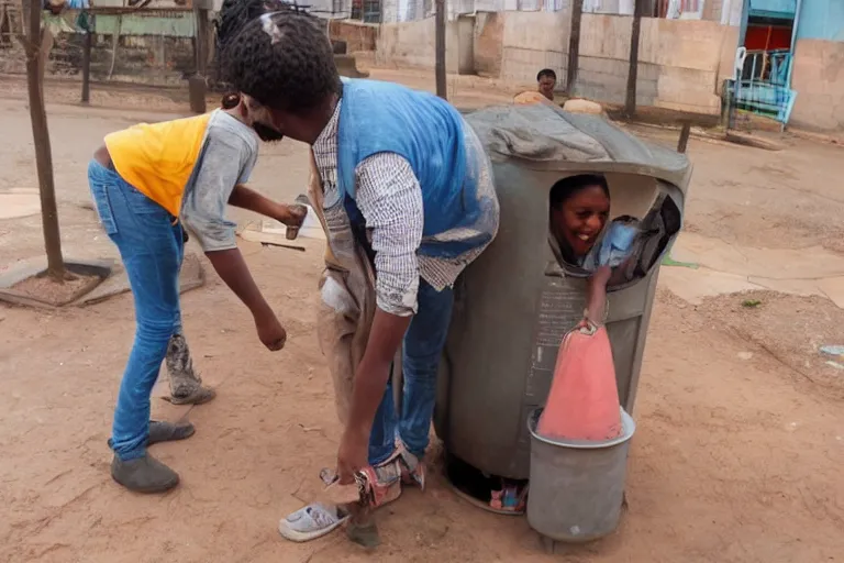 Image similar to a guy putting a dustbin over the head of a girl