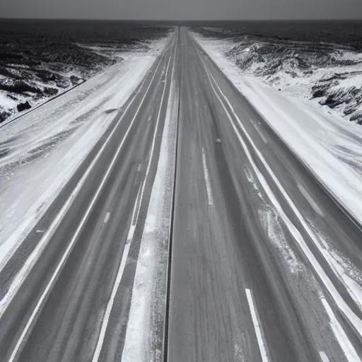 Image similar to an endless motorway in a vast expanse of white nothingness