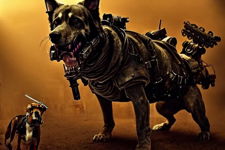 Image similar to a hound dog fursona ( from the furry fandom ), heavily armed and armored facing down armageddon in a dark and gritty version from the makers of mad max : fury road. witness me.