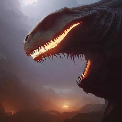 Image similar to a portrait of a trex, dramatic lighting, cinematic, establishing shot, extremly high detail, photorealistic, cinematic lighting, artstation, style by greg rutkowski