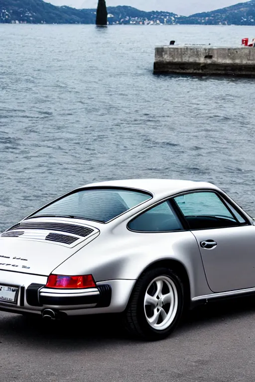 Image similar to Photo of a silver Porsche 911 Carrera 3.2 parked on a dock with Lake Como in the background, wide shot, rear view, daylight, dramatic lighting, award winning, highly detailed, 1980s, luxury lifestyle, fine art print, best selling.