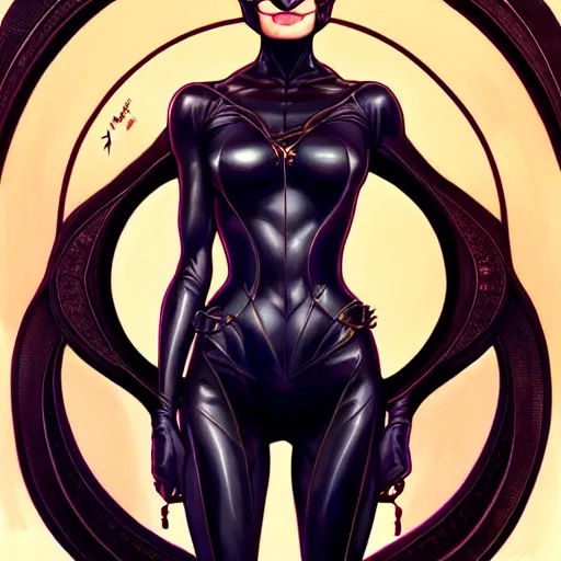 Image similar to symmetry!! intense fanart of catwoman, intricate, elegant, highly detailed, my rendition, digital painting, artstation, concept art, smooth, sharp focus, illustration, art by artgerm and greg rutkowski and alphonse mucha