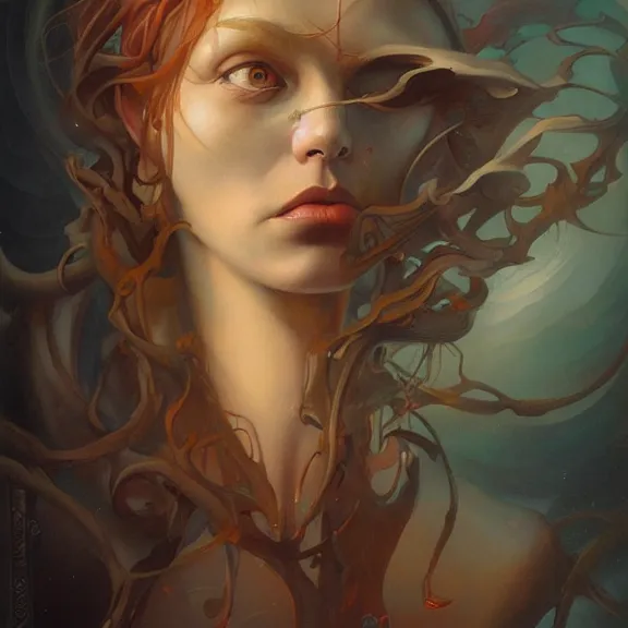 Prompt: a highly detailed beautiful portrait in the style of peter mohrbacher and in the style of jean delville.