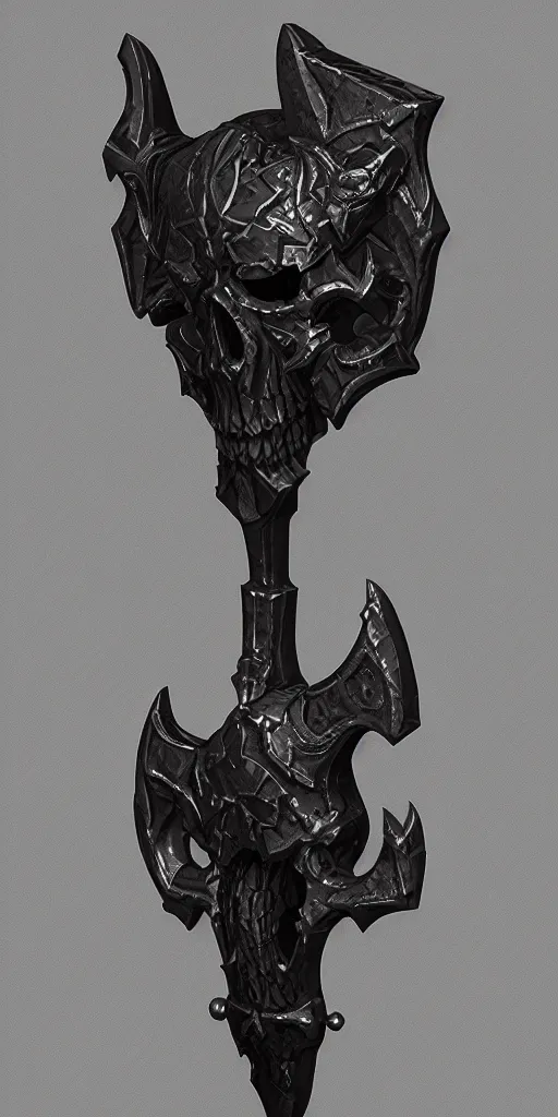 Prompt: a black and silver axe skull crest, ornament, weapon, a 3 d render by dom qwe, trending on polycount, artstation, hard surface modeling, zbrush