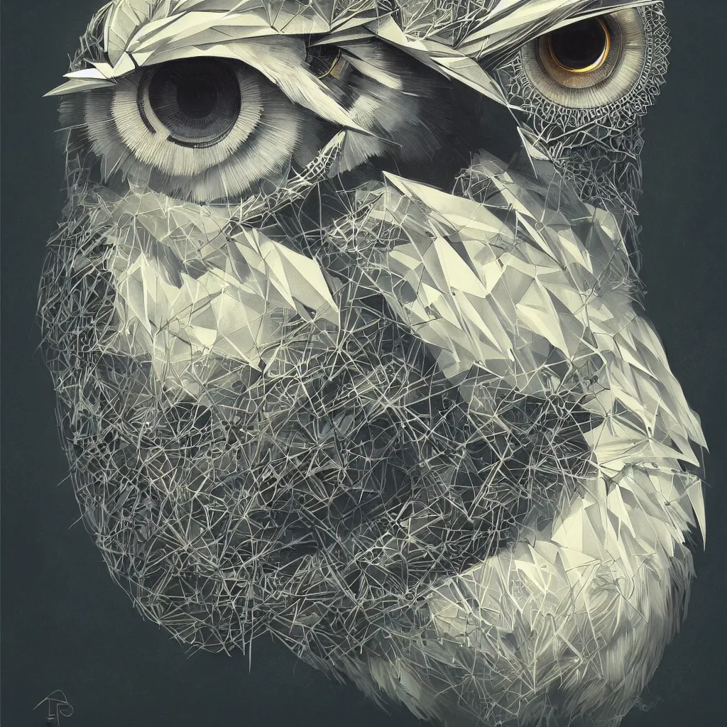 Image similar to portrait of a geometric owl, identical eyes, medium shot, illustration, full body made of white feathers, symmetrical, art stand, super detailed, cinematic lighting, and its detailed and intricate, gorgeous, by peter mohrbacher