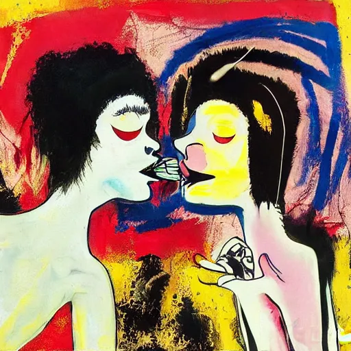 Image similar to beautiful painting of two bizarre psychedelic goth women kissing each other closeup in a cafe in japan, speculative evolution, mixed media collage by basquiat and jackson pollock, magazine collage art, sapphic art, lesbian art