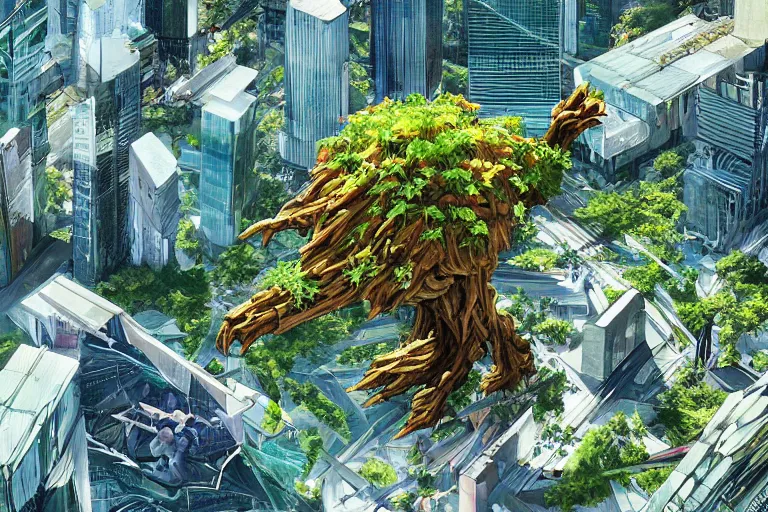 Image similar to birds eye view of a gigantic drift wood monster looming over a bright and lush futuristic city by Makoto Aida