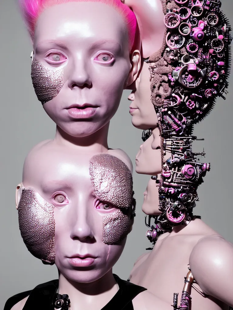 Image similar to portrait of a biomechanical goddess wearing a big pearl studded iridescent beauty mask and pink hair buns, wearing a black bodysuit by alexander mcqueen, cream white background, soft diffused light, biotechnology, humanoid robot, perfectly symmetric, bjork aesthetic, translucent, by rineke dijkstra, intricate details, highly detailed, masterpiece,