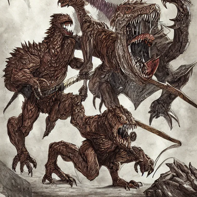 Prompt: a human d & d barbarian being attacked by a fantasy velociraptor, rpg book illustration