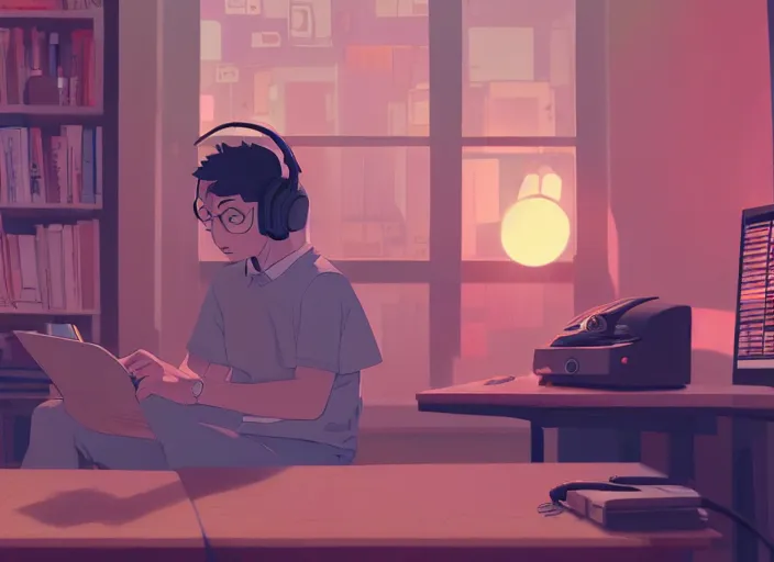 Image similar to man with headphones at his home studio producing music late at night, very detailed, 4 k, cory loftis, james gilleard, atey ghailan, makoto shinkai, goro fujita, studio ghibli, rim light, exquisite lighting, clear focus, very coherent, masterpiece