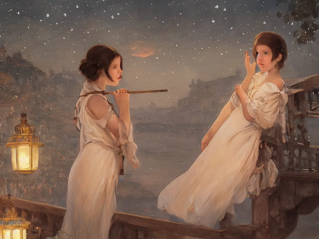 Image similar to a beautiful painting of a girl resembling millie bobby brown standing on a bridge, watching the view from the river of the lantern festival in a an ancient italian town, at night with a sky full of stars, intricate, elegant, highly detailed, digital painting, artstation, concept art, by krenz cushart and artem demura and alphonse mucha