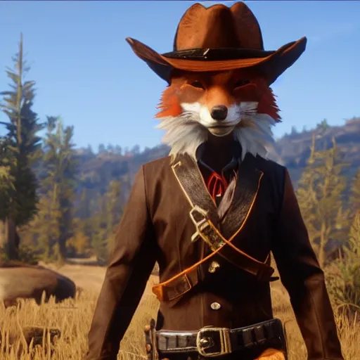 Prompt: video game screenshot of an anthropomorphic fox wearing western sheriff outfit as a character in red dead redemption 2