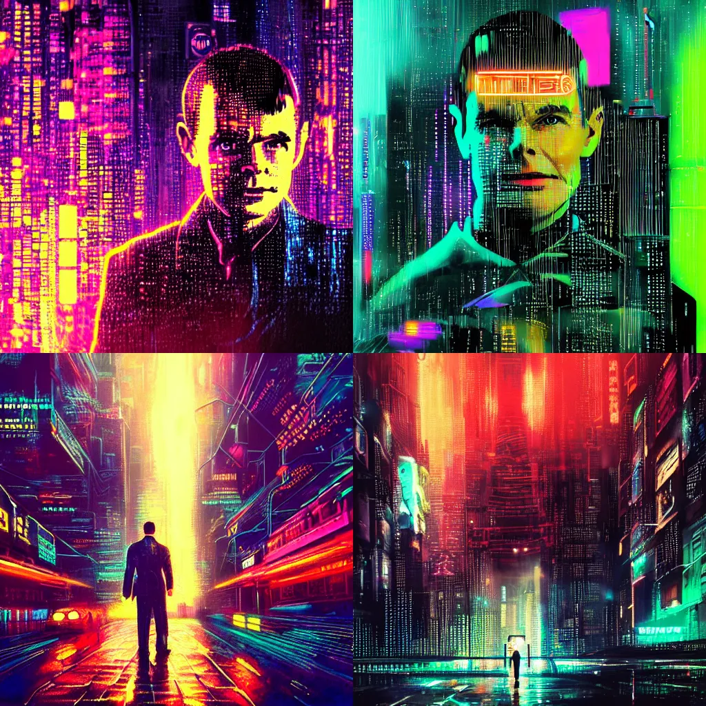 Prompt: Portrait of Alan Turing, Bladerunner, tears in the rain, hyper-detailed, cyberpunk, dystopian city skyline at night, colorful neon signs, 4k ultra hd, trending on artstation, fantasy dark art