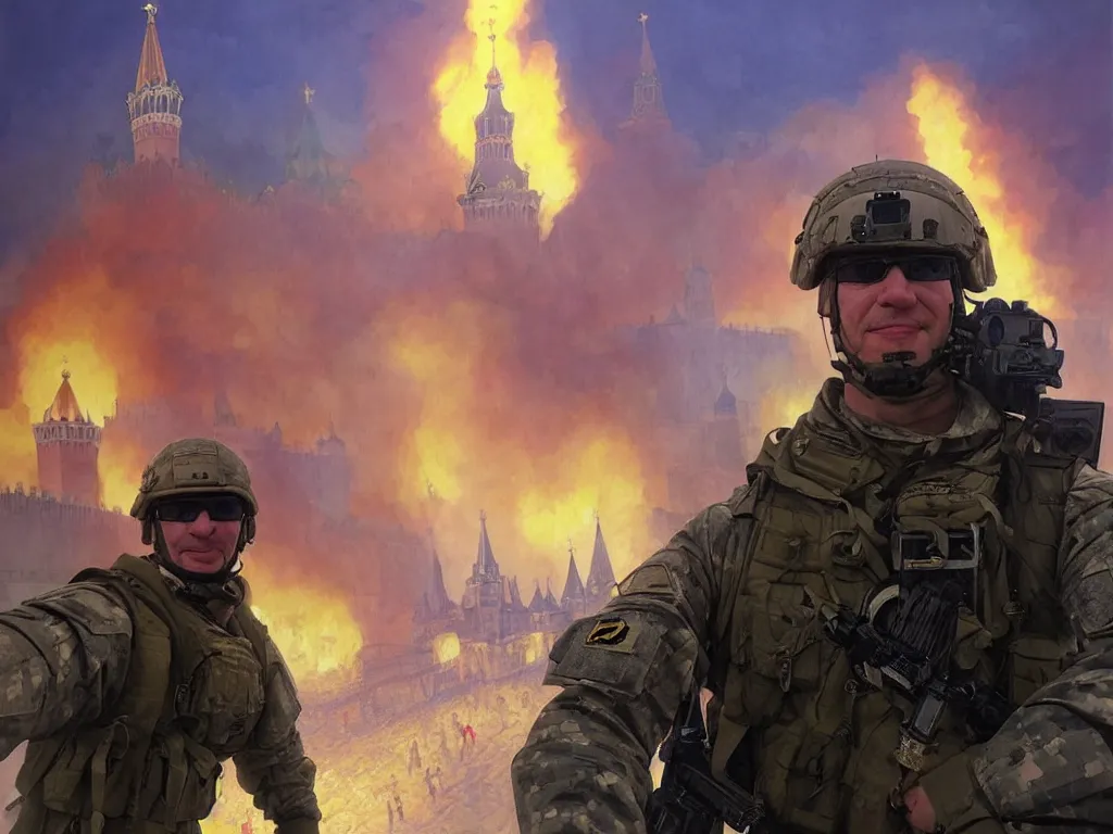 Image similar to special forces nato soldier with yellow shoulder patch takes selfie at red square kremlin burning in the background, d & d, fantasy, bright atmosphere, volumetric lights, intricate, elegant, extremely detailed, digital painting, artstation, concept art, matte, smooth, sharp focus, hyper realistic, illustration, art by artgerm and greg rutkowski and alphonse mucha