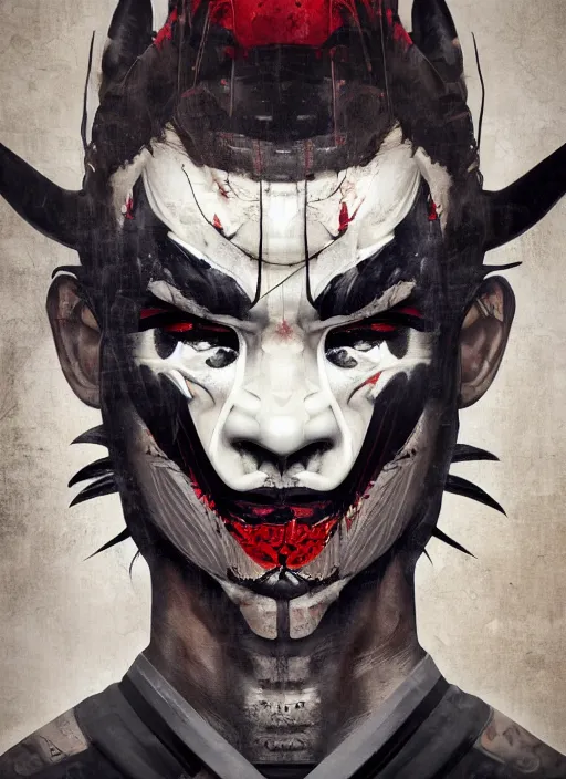 Image similar to dark samurai portrait, symmetrical face, hannya oni mask, after a battle, dirt and unclean, extreme detail, cinematic, dramatic lighting render, by sandra chevrier, masterpiece