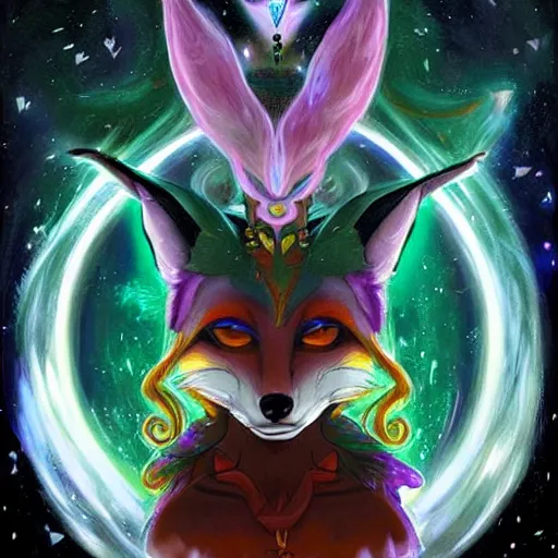 Image similar to a stylized realistic painting of an avatar of an awesome cosmic powerful luxurious foxfolk mage themed around death and the cosmos, in the style of dnd beyond avatar portraits, beautiful, artistic, elegant, lens flare, magical, lens flare, nature, realism, stylized, art by jeff easley and genndy tartakovsky and hayao miyazaki