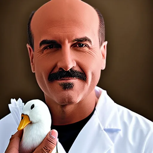 Image similar to doctor phil, holding a white duck