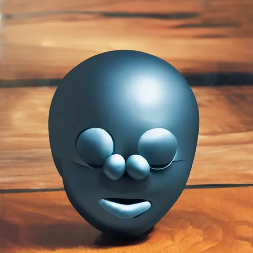 Image similar to vinyl designer toy, character head shaped as crescent, with hands and legs growing from head, creepy smiling evil face with wrinkles, holds a small knife in hand
