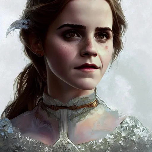 Image similar to Emma Watson as Fiona in Shrek, intricate, highly detailed, digital painting, artstation, concept art, sharp focus, illustration, art by greg rutkowski and alphonse mucha