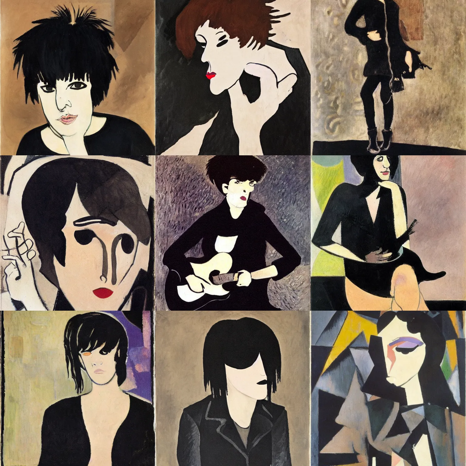 Prompt: an emo by georges braque. her hair is dark brown and cut into a short, messy pixie cut. she has large entirely - black eyes. she is wearing a black tank top, a black leather jacket, a black knee - length skirt, a black choker, and black leather boots.