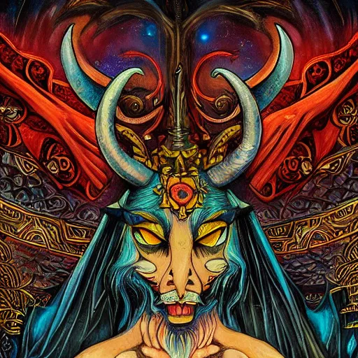 Image similar to a detailed occult painting of baphomet in the style of Miyazaki, prismatic lighting, studio ghibli, ornate, maximalist, exquisite detail, rich colors, charred black background