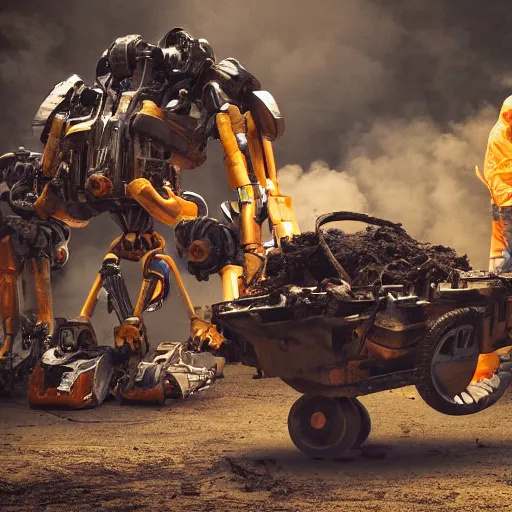 Image similar to wheelbarrow mecha, dark messy smoke - filled cluttered workshop, dark, dramatic lighting, orange tint, sparks, cinematic, highly detailed, sci - fi, futuristic, movie still