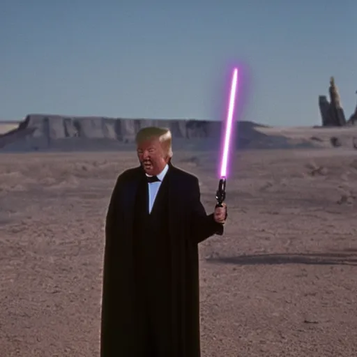 Prompt: photo of Donald Trump in the movie Star Wars: Episode VII, cinestill, 800t, 35mm, full-HD