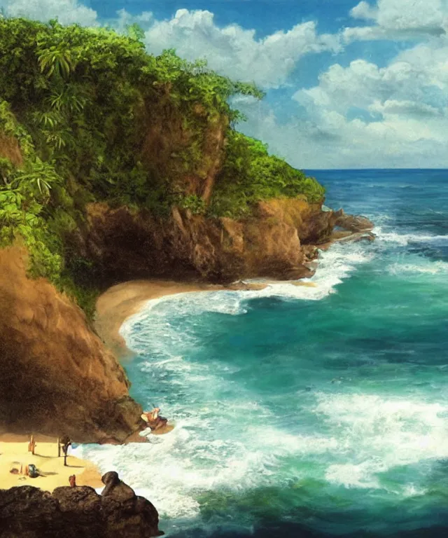 Image similar to photorealistic painting of turtle bay beach jamaica, sharp cliffs, island with cave, dark, atmospheric, brooding, smooth, finely detailed, cinematic, epic, in the style of larry elmore