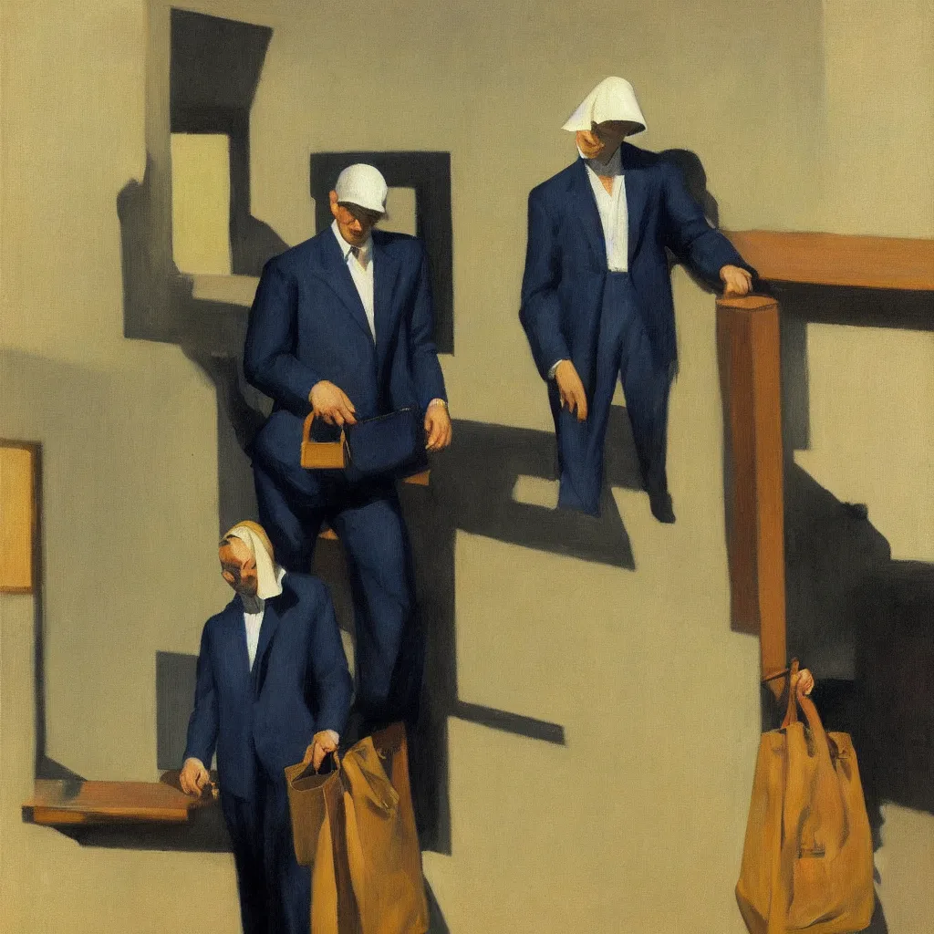 Image similar to Man in a business suit with a bag covering his head, by Edward Hopper