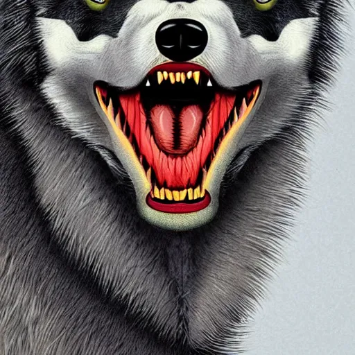 Prompt: ugly portrait of retarded wolf, eyes in different directions, rabies, big teeth, propaganda style, vivid colors