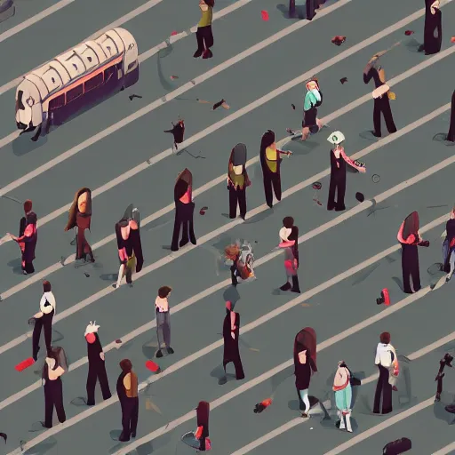 Image similar to a search and find illustration of a zombie horde at a train station with survivors hidden behind objects, isometric view, photorealistic