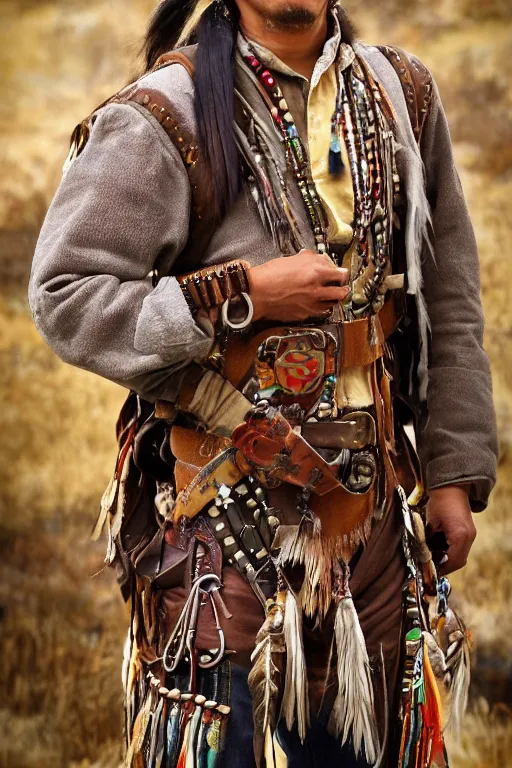 Image similar to thin native American Indian man in his early 30s, wearing cargo buckskin jacket buckskin tactical toolbelt pockets bandolier full of trinket and baubles, steampunk arcane shaman, deadlands, weird west