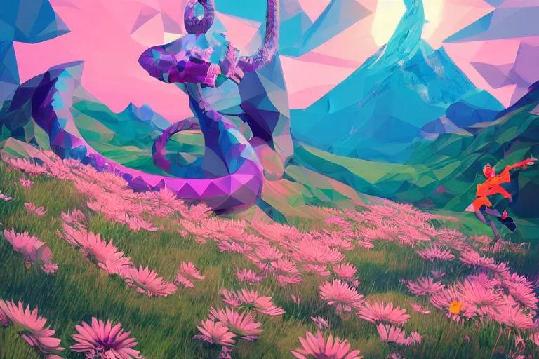 Image similar to lowpoly ps 1 playstation 1 9 9 9 glowing neon anthropomorphic behemoths great serpent maid standing in a field of daisies wearing converse shoes, swiss alps in the distance digital illustration by ruan jia on artstation