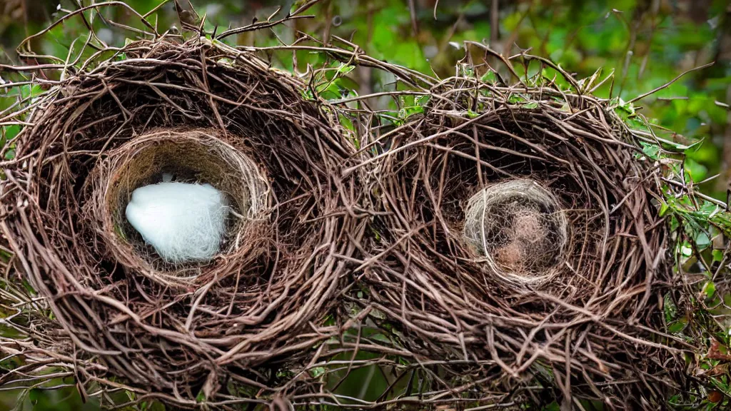 Prompt: a photo of a bird's nest in a forest taken with a telephoto lens
