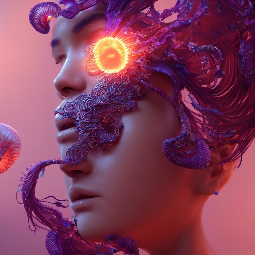 Image similar to goddess close-up portrait. orchid jellyfish phoenix head, nautilus, skull, betta fish, bioluminiscent creatures, intricate artwork by Tooth Wu and wlop and beeple. octane render, trending on artstation, greg rutkowski very coherent symmetrical artwork. cinematic, hyper realism, high detail, octane render, 8k