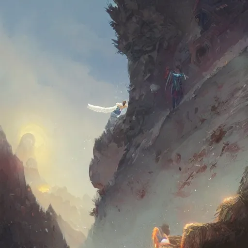 Image similar to angel protecting man falling from a cliff, detailed intricate ink illustration, happy atmosphere, detailed illustration, hd, 4k, digital art, overdetailed art, by greg rutkowski, by loish, complementing colors, Trending on artstation, movie poster style