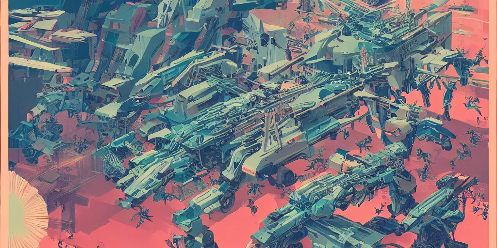 Image similar to risograph rendition, gigantic mecha arzach birds with dragonflies, tiny rats, a lot of exotic animals around, big human faces everywhere, helicopters and tremendous birds, by satoshi kon and moebius, matte bright colors, surreal design, crispy, super - detailed, a lot of tiny details, fullshot