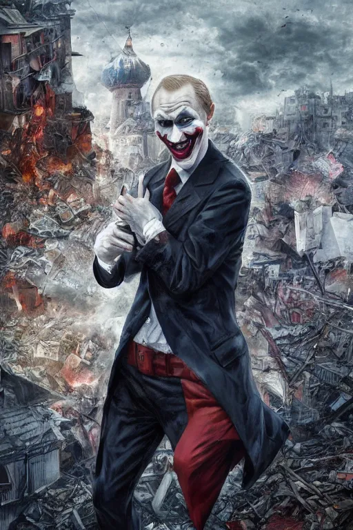 Image similar to portrait of vladimir putin as a joker in a city destroyed by war, realistic, high definition, 4 k, shimmering color, hyper detailed, art of greg rutkowski and magali villeneuve and artgerm