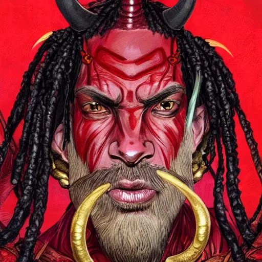 Image similar to dnd portrait of a travis scott as tiefling, male, red scales and red skin, a big black beard, completely golden eyes, 2 ram horns growing out of his forehead,