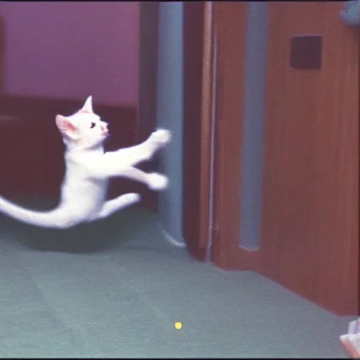 Prompt: Hilarious cat tries to catch a laser dot, VHS tape still, 1993