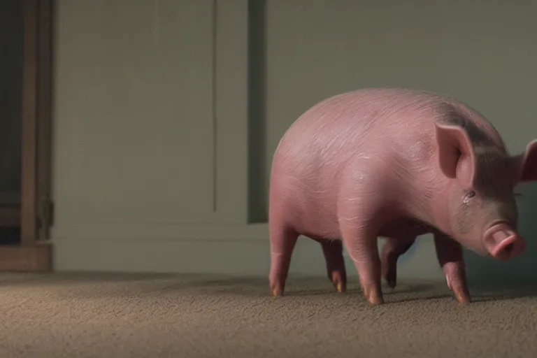 Prompt: movie scene closeup pig wearing a suit at a pidium. by emmanuel lubezki