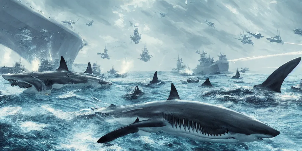 Prompt: a hyper detailed matte illustration of a shiver of sharks attacking a battleship, concept art, 8 k, artstation, art by greg rutkowski and michael bay