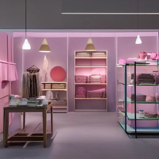 Prompt: An ultra high definition, professional photograph of an IKEA showroom located on a pastel pink beach with pastel pink, dimpled sand where every item is pastel pink. The sun can be seen rising through a window in the showroom. The showroom unit is outdoors and the floor is made of dimpled sand. Morning time indirect lighting with on location production lighting on the showroom. In the style of wallpaper magazine, Wes Anderson.