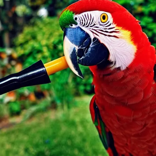 Image similar to a parrot drinking a beer from a garden hose,