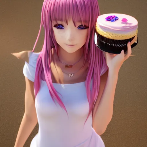 Image similar to Render of a beautiful 3d anime woman holding a birthday cake to show the camera, long light pink hair, full bangs, hazel eyes, cute freckles, full round face, soft smile, Chinese heritage, cute checkerboard sundress, golden hour, serene beach setting, medium shot, mid-shot, hyperdetailed, trending on Artstation, Unreal Engine 4k