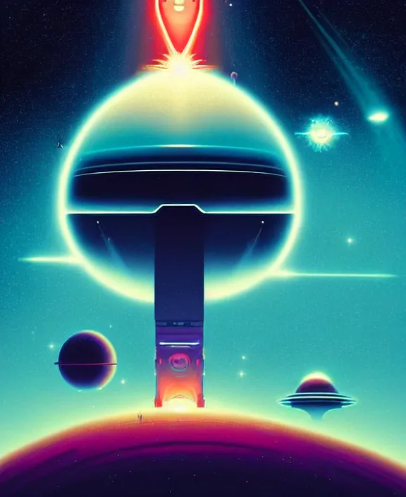 Prompt: robotic expedition to new star by christopher balaskas and beeple and norman rockwell and anton fadeev, asymmetrical!, asymmetry!, hyperrealism, energy mote, solarpunk, 1 9 6 0 propaganda, high contrast, high saturation, intricate details, ultra detail, space, nebula, sharp focus, astronomy, atmospheric, crisp edge, reflection