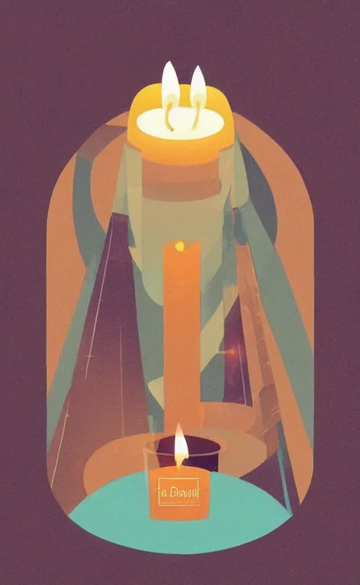 Image similar to illustration with a set of beautiful scented candles, close - up photo in cozy interior, candle lighting, glowing, pinterest, an art deco painting by tom whalen, trending on behance, art deco, digital illustration, storybook illustration, grainy texture, flat shading, vector art, airbrush, pastel, watercolor, poster