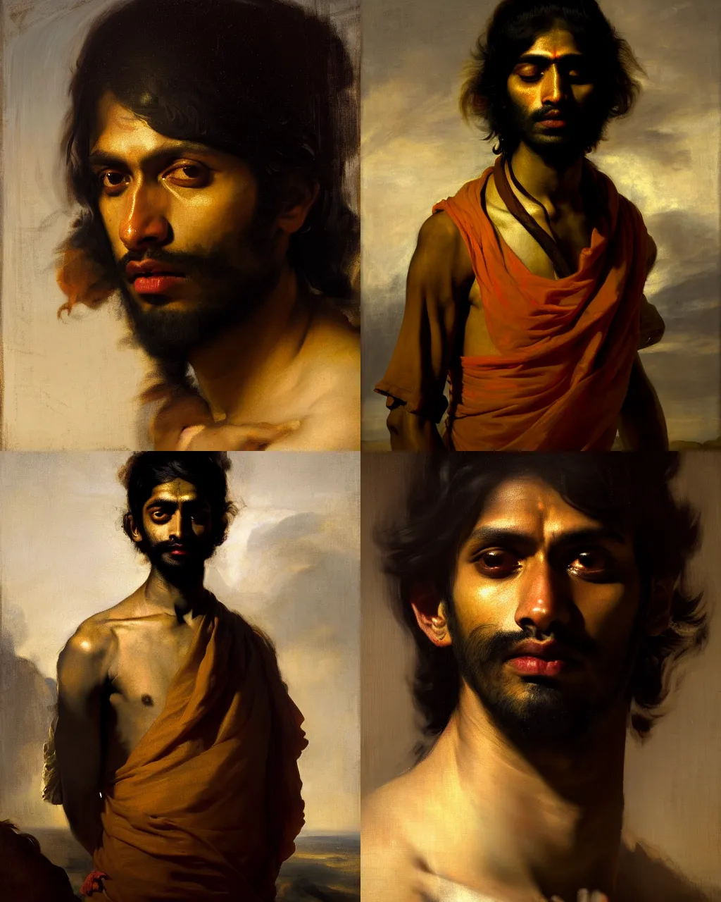 Prompt: a beautiful dramatic portrait of a 2 5 years old spaced out tripping indian stoner boy, head only, by by greg rutkowski, by anthony van dyck, by theodore gericault, oil on canvas, rococo color palette, trending on artstation, masterpiece, cold lighting, detailed, 8 k