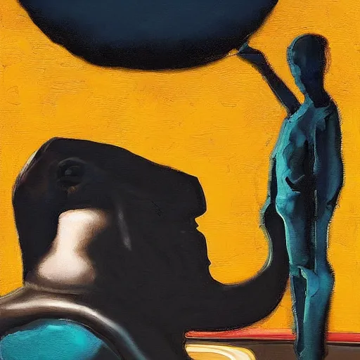 Image similar to insane, riotous teal by cornelia parker, by wayne thiebaud. a digital art of a large, black - clad figure of the king looming over a small, defenseless figure huddled at his feet. the king's face is hidden in shadow. menacing stance, large, sharp claws, dangerous & powerful creature.